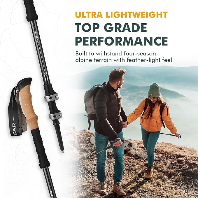 KINGGEAR TPC-3K 100% Carbon Fiber Trekking Poles for Hiking - Ultralight Collapsible Hiking Poles with Cork & EVA Foam Grips, Adjustable Metal Flip Locks, Tungsten Tips - Ideal Hiking