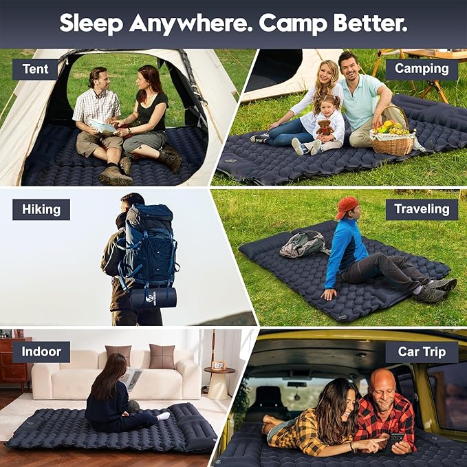 Double Sleeping Pad for Camping – 4” Thick Inflatable Camping Mattress 2 Person, Built-in Foot Pump & Pillow, Ultralight Self-Inflating Camping Mat for Tent, Hiking, Backpacking, Traveling