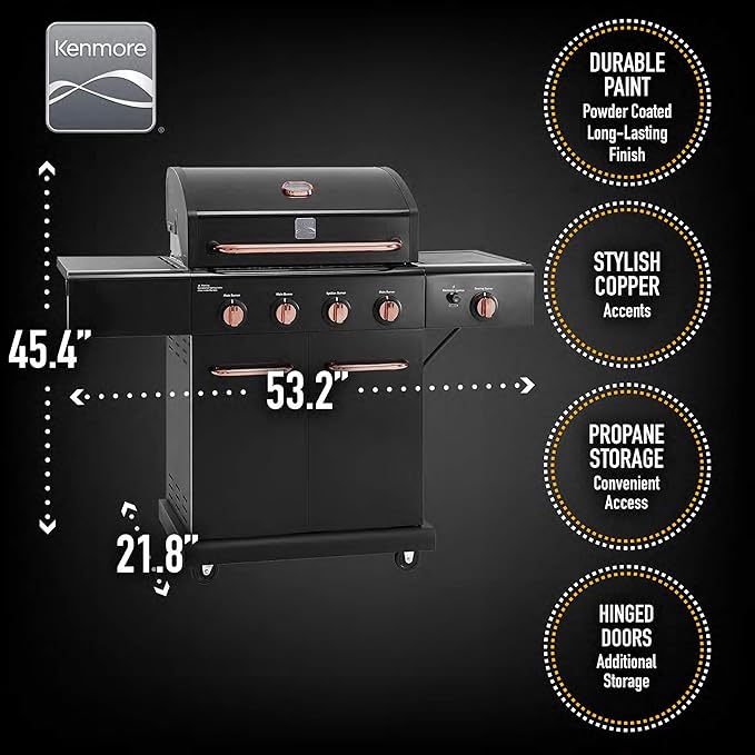 Kenmore 4-Burner BBQ Gas Grill with Searing Side Burner, Propane Grill, 52,000 BTUs, Warming Rack, Electronic Ignition & Cast Iron Cooking Grates, Black/Copper + Bonus Cover