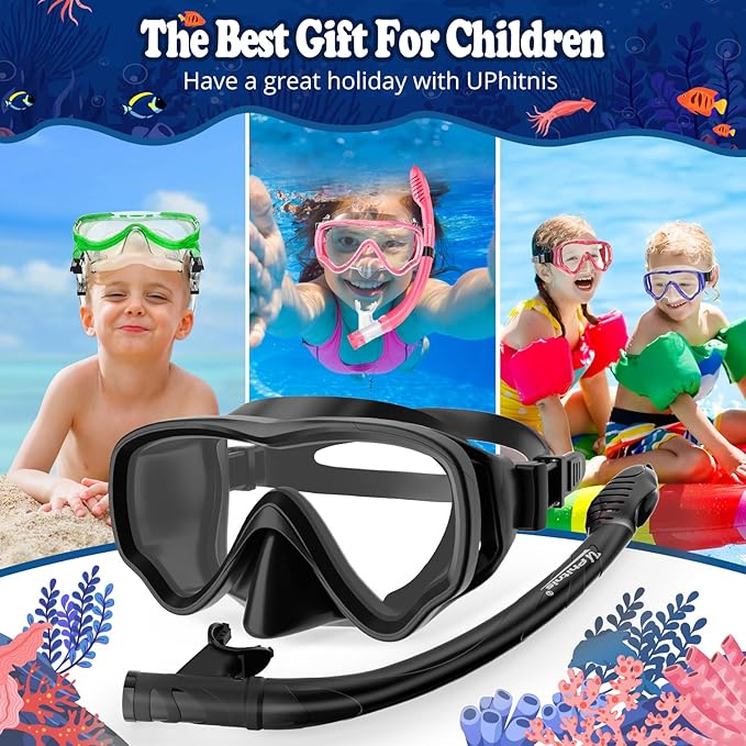 U PHITNIS Kids Snorkel Set for Age 4-14 - Dry Top Snorkeling Gear for Kids Junior & Youth - Childs Diving Mask with Big Eyes for Boys Girls - Anti-Fog Snorkeling Mask and Snorkel Set