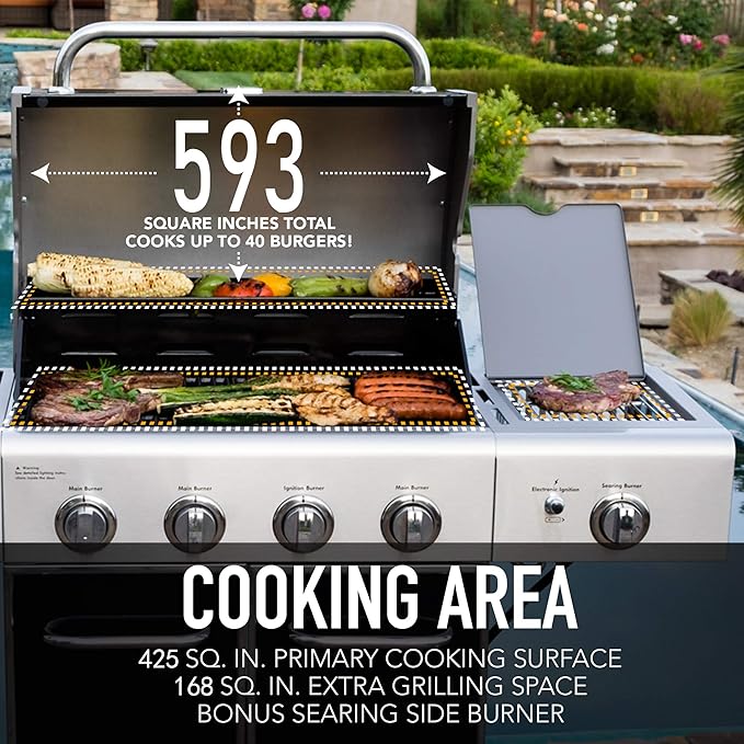Kenmore 4-Burner BBQ Gas Grill with Searing Side Burner, Propane Grill, 52,000 BTUs, Warming Rack, Electronic Ignition & Cast Iron Cooking Grates, Black/Stainless Steel