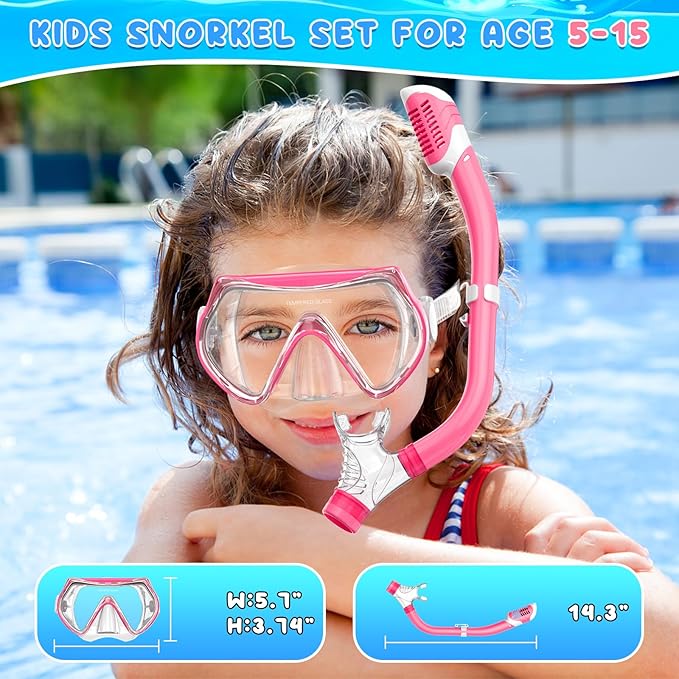 Snorkeling Gear for Kids, Kids Snorkel Set for Ages 6-14, Dry Top Snorkel, Mask Set Kid Swimming Goggles Diving Mask Combo Set Anti-Fog Panoramic View Scuba Packages