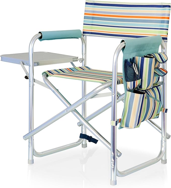 PICNIC TIME Sports Chair with Side Table, Outdoor Foldable Padded Adult Camping Chairs with Cup and Accessory Panel for Lawn, Beach, & Sports Use for Adults, 300-lbs Capacity, (St. Tropez Collection)