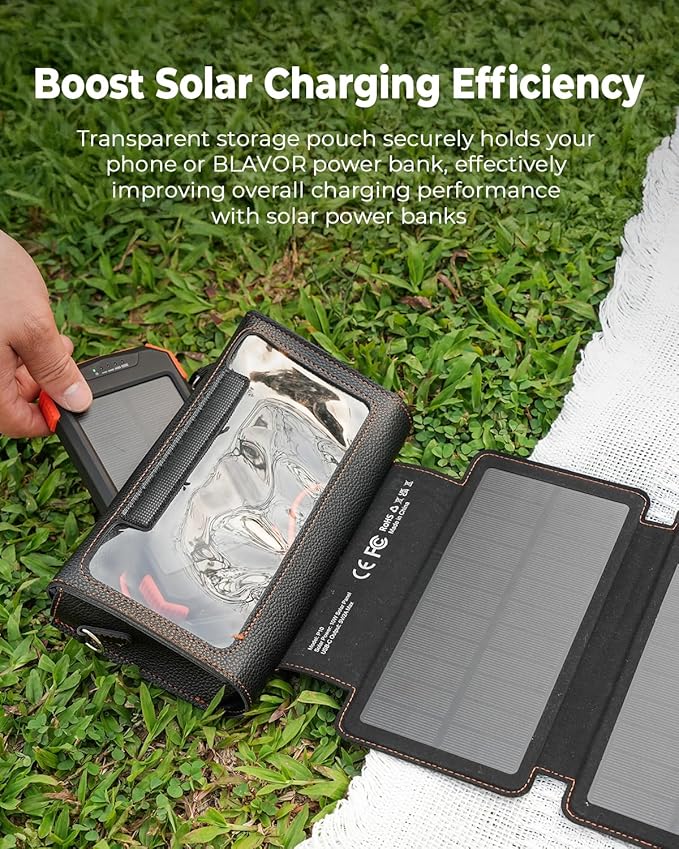 BLAVOR Portable Foldable Solar Charging Pack with Built-in USB-C Cable & Crossbody Lanyard, Plus Solar Charger Power Bank 10,000mAh, 20W PD, Waterproof, Orange for Outdoor Camping Hiking Backpacking