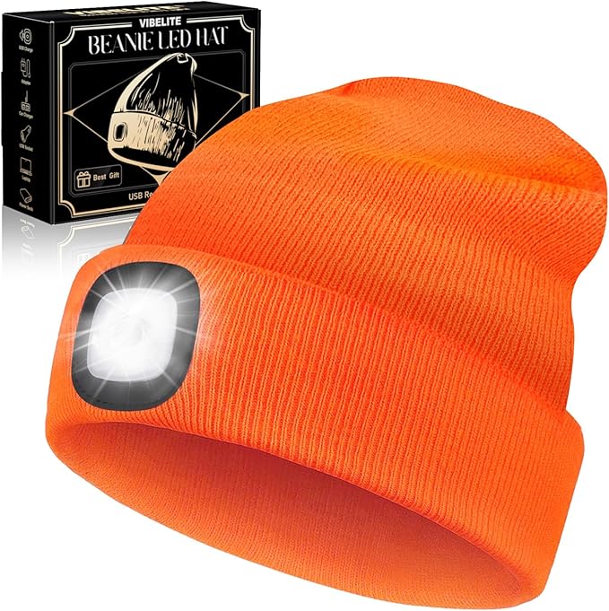 VIBELITE LED Beanie Hat with Light, USB Rechargeable LED Headlamp, Gifts for Men, Him, Husband, Boyfriend,Gifts for Dad, Husband, Father, Orange