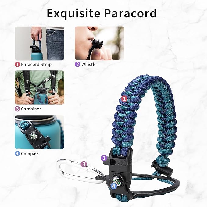 Trebo 40oz Water Bottle Insulated with Lid and Straw,Double Wall Vacuum Stainless Steel Tumbler Sports Flask with Paracord Handle, Keep Hot 24 Hours & Cold 48 Hours Water Jug with 3 Lids, Cyan Blue