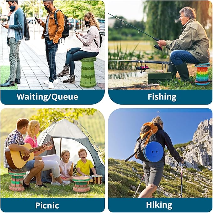 Retractable Folding Stool - Heavy Duty 400 lb Collapsible Portable Stool for Camping, Hiking, Fishing, Indoor/Outdoor with Non-Slip Base and Lightweight Design (Rainbow, 1-Pack)