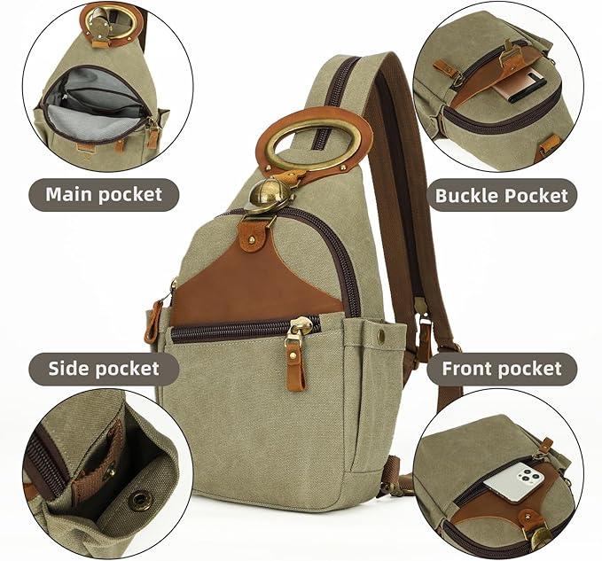 KouLi Buir Canvas Sling bag,Small Crossbody Backpack,Convertible Chest Bag Casual Daypack For Outdoor Cycling Hiking Travel (B3611-Olive Green-N)