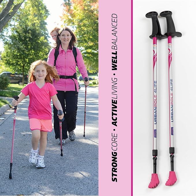 Urban Poling - Urban Poles 4Life - Lightweight, Aluminum Nordic Walking Sticks - Pink & Silver - 1 Pair – for Users 4'2"–6'2" - Collapsible & Adjustable Hiking Gear