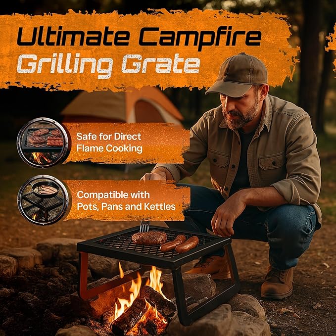 Folding Campfire Grill – Portable Over-Fire Grill with Food-Safe Coating, Heavy Duty Steel, Compact with Folding Legs - Camping, RV, Overlanding, Fire Pits