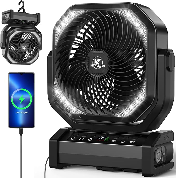 Camping Fan with Light - 20000mAh Rechargeable Battery Fan, 112Hrs Max Run Time, 8 Speeds, Digital Display, Timer, Auto Oscillation, 270° Pivot & Hook for Camping, Power Outage, Hurricane (Black)
