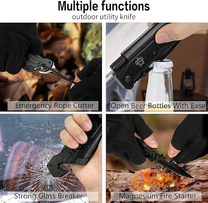 8.5" Military Outdoor Hunting Camping Pocket Knife, 7 in 1 Multi-Function Folding Knives with Fire Starter LED Light Seatbelt Cutter Glass Breaker Bottle Opener Tactical Blade (Black)