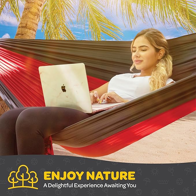 Durable Hammock 400 lb Capacity, Nylon Camping Hammock Chair - Double or Single Sizes w/Tree Straps and Attached Carry Bag - for Travel/Backpacking/Beach/Backyard (Medium, Black & Light Grey)