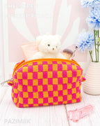 PAZIMIIK 2PCS Checkered Makeup Bag for Purse Portable Zipper Make Up Pouch Small Cosmetic Case for Travel Red Orange