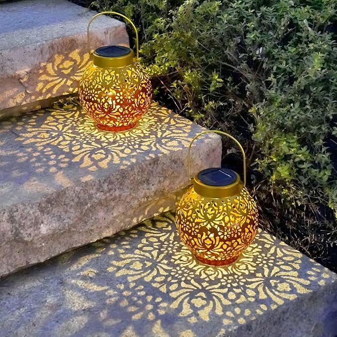 Outdoor Solar Hanging Lantern Lights Metal LED Decorative Lamp for Garden Patio Courtyard Lawn and Table with Hollowed-Out Design (Sunset Blaze)