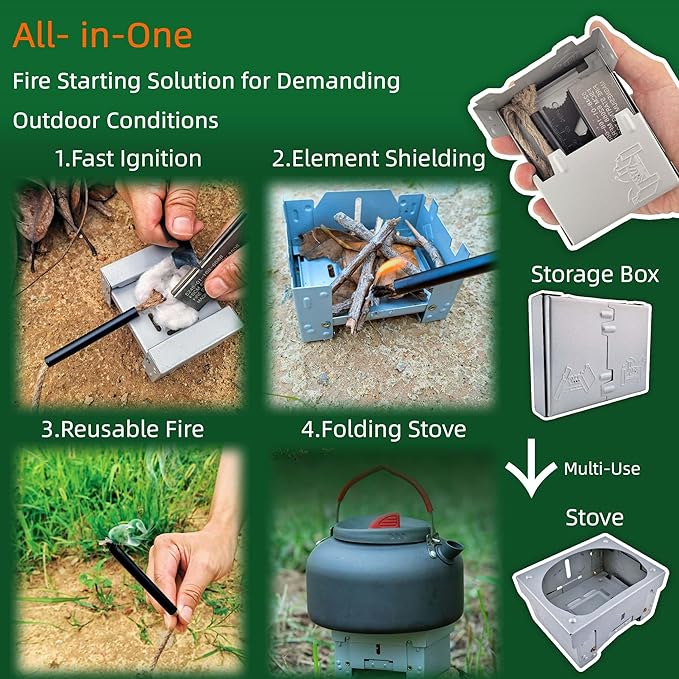 Survival Fire Starter Kit - Ferro Rod & Magnesium Fire Starter Compact Stove with Flint and Steel to Firestarter Fireplace Pit for Outdoor Camping Bushcraft Hiking Emergency Gadgets
