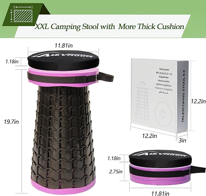 ALEVMOOM 2025 Upgraded XXL Collapsible Stool with Cushion 19.7",1000lbs Max Weight,Wider & Taller Pop Up Seat, Heavy Duty Portable Retractable Folding Chair or Travel Foot Rest for Camping & Outdoors