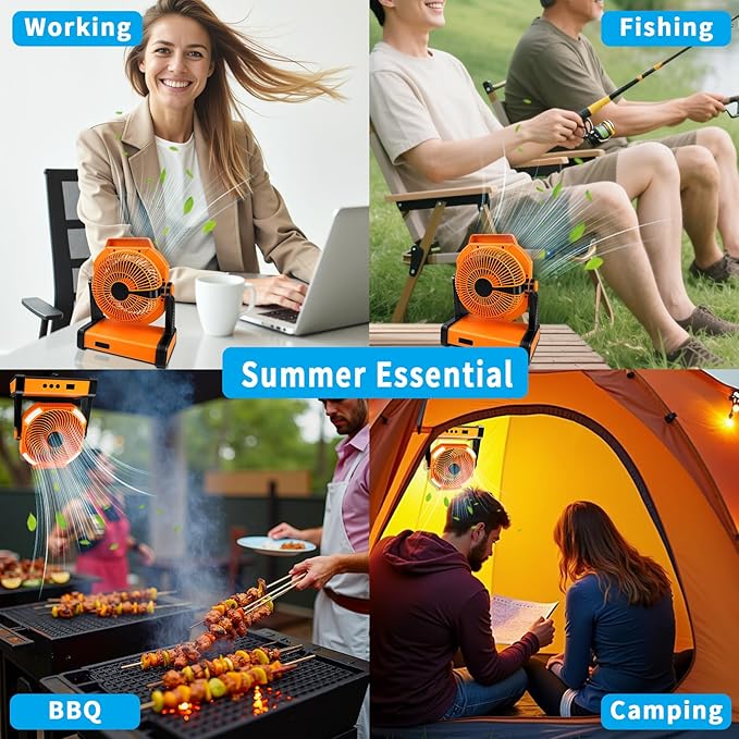 Camping Fan with Smart Voice， 22500mAh Battery Powered Portable Fan with Light&Hook, 5-Speed 270°Adjustable, Camping Essentials for Indoor, Tent, Travel, Patio, RVing, BBQ, Fishing, Jobsite