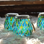 Cooo 2 Pack Mosaic Solar Lantern Outdoor Waterproof IP68 Hanging Projection Light Hidden Lid Pear-Shaped Lantern with Rope Handle Solar Powered Auto On for Patio Garden Fence Table - Azure Lattice