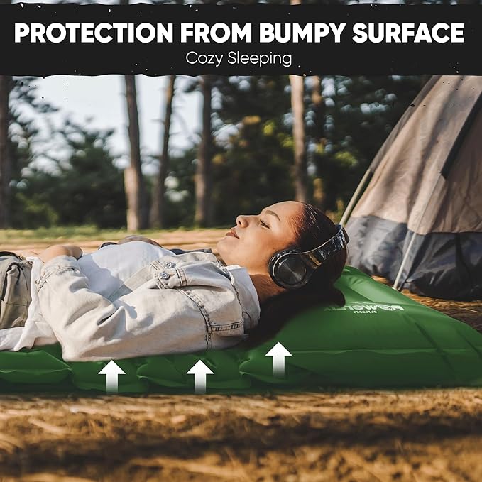 POWERLIX Double Camping Sleeping Pad Camping Pad for 2 Person with Pillow Built-in Foot Pump Inflatable Sleeping Pad for Camping, Backpacking, Hiking, Portable Camping Mattress Green