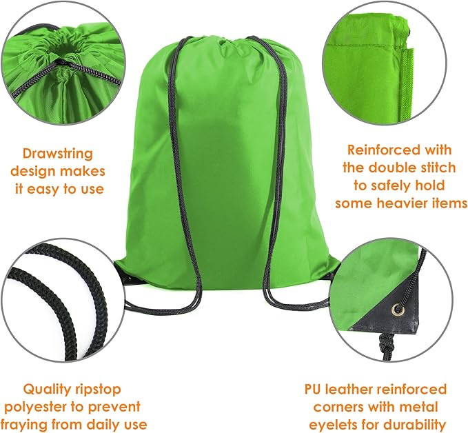BeeGreen Green Drawstring Backpack Bags Bulk 10 Pack X-Large 22.4" L x 17.5" W Sports Cinch Sackpack Gym String Bags Machine Washable Heavy Duty for Men Women