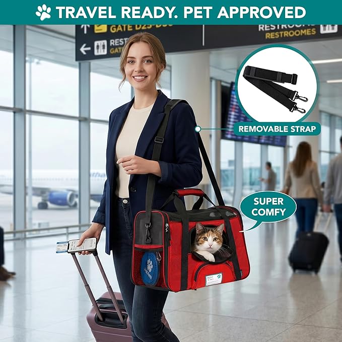 PetAmi Airline Approved Pet Carrier for Cats & Small Dogs, Soft Sided TSA Travel Carrier Bag with Sherpa Bed, Breathable Mesh Ventilation, Collapsible Bowl, Fits Under Seat, Up to 18 lbs, Small Red