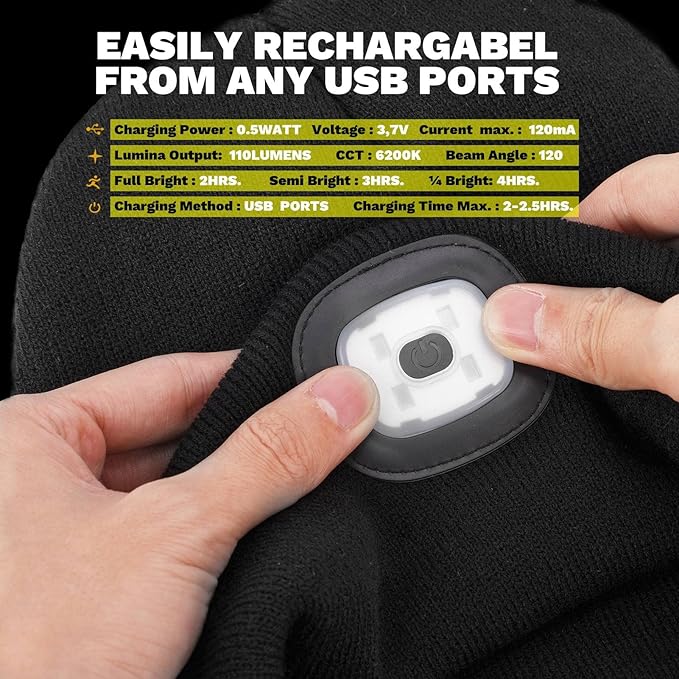 VIBELITE LED Beanie Hat with Light, USB Rechargeable LED Headlamp, Gifts for Men, Him, Husband, Boyfriend,Gifts for Dad, Husband, Father, Black