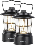 LUXPRO Retro LED Lantern - Battery-Powered Emergency Lantern - Water Resistant - Bright LED Lamp for Indoor & Outdoor Use - Use for Tents, Hiking or Hurricane Prep (Blac, Pack of 2)