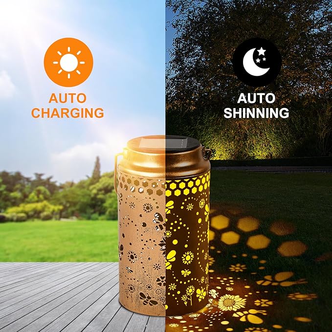 2 Pack Bee Solar Lanterns Outdoor Waterproof, Metal Hanging Lights Decorations for Garden Yard Lawn Patio, Bee Gifts for Women Mom Grandma Aunt Mother in Law Christmas