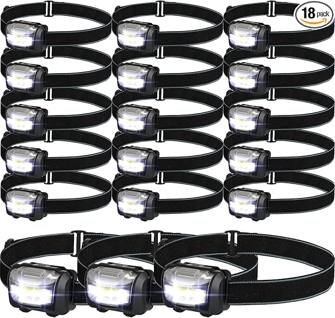 Macarrie 18 Pack LED Headlamps IPX4 Waterproof 3 Modes Headlamp Flashlight Bright Head Lights Camping Accessories for Adults Kids Hiking, Running, Repairing, Fishing, Batteries Not Included(Black)