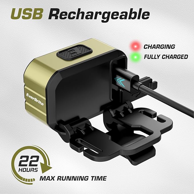 EverBrite Rechargeable LED Headlamp, Only 1.59 OZ Ultra-Light with Hat Clip, IP67 Waterproof, White/Red/Green Light, 7 Modes for Camping, Running and Backpacking-Green