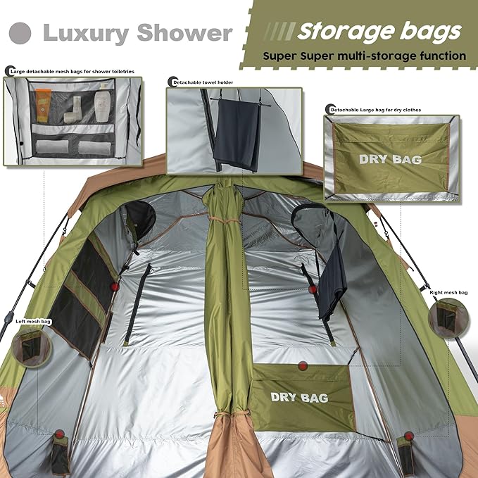 Camping Shower Tent Deluxe Changing Room Easy Set Up Privacy Shelter,Large Toilet Tent with Floor Drain Design for Beach, Camping,Hiking with Stakes and Ropes for Stability
