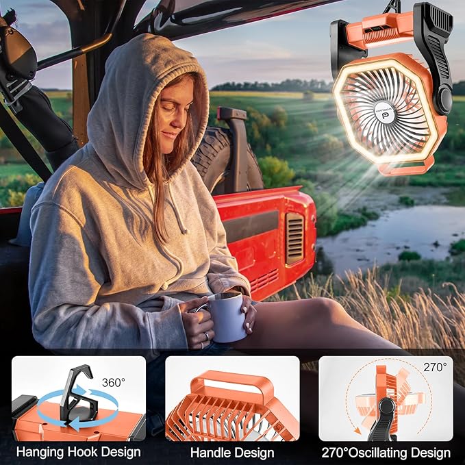 Odoland Rechargeable Camping Fan, 20000mAh Battery Fans with LED Lantern for Tent Car Beach Storm, Portable Ventilador Recargable Light Desk Fan for Picnic Power Outage Hurricane, Orange