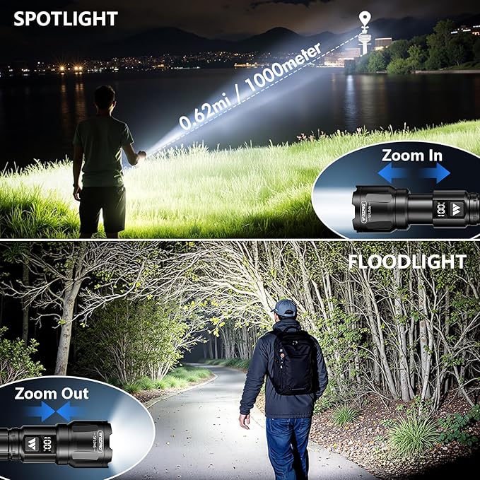 Wdtpro LED Rechargeable Flashlights High Lumens 2Pack, 6000LM Super Bright Flashlight, Zoomable Powerful Camping Flashlights with LCD Digital Display, 3 Modes Waterproof Flash Light for Home Emergency