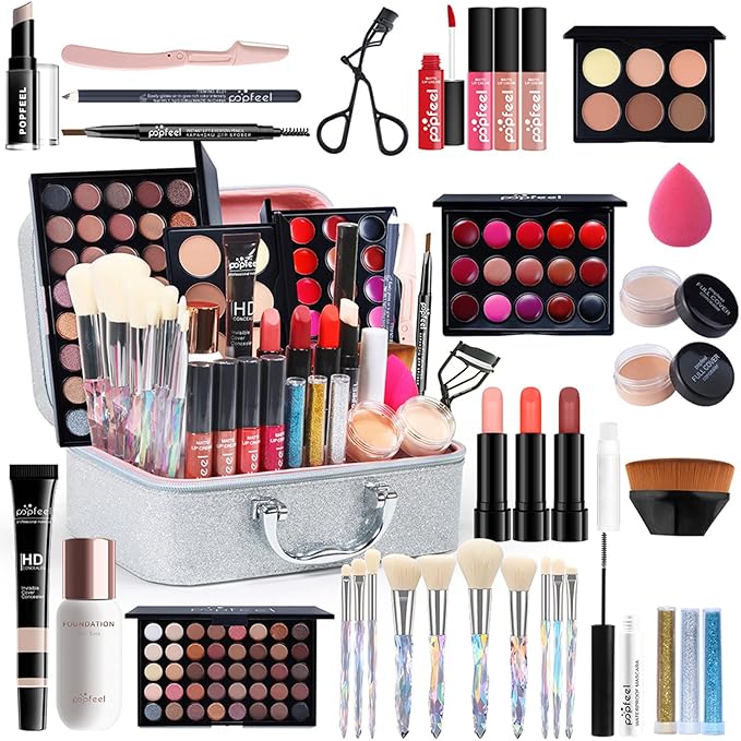 Pure Vie All-in-One Holiday Gift Surprise Makeup Set Essential Starter Bundle Include Eyeshadow Palette Lipstick Concealer Blush Mascara Eyeliner Face Powder Lipgloss Brush - Full Makeup Kit for Women