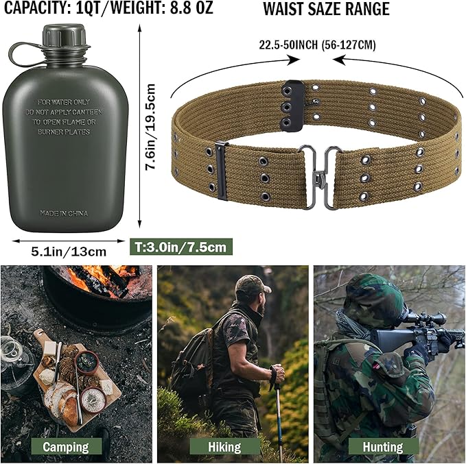 1 Quart Plastic Canteen Military Canteen Portable Military Water Bottle with Bottle Pouch Cotton Cover Bag and Waist Belt for Backpacking Hiking Camping Climbing Outdoor Activities