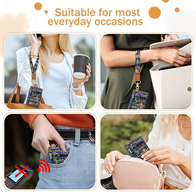 Goth Book Credit Card Holder Wristlet Wallet for Women, RFID Small Wallet Keychain Lanyard, Funny Skull Gothic Travel Cute Thin Front Pocket Case Organizer with ID Window PU Leather Witchy Gifts Woman