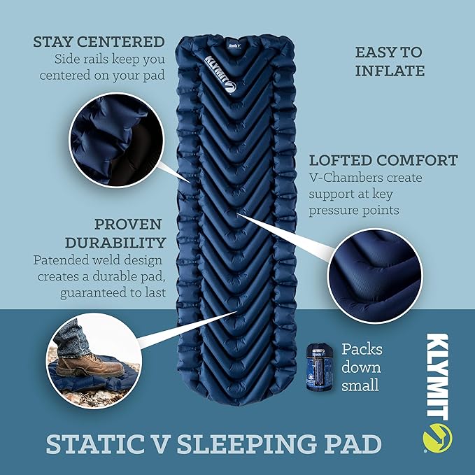 KLYMIT STATIC V Sleeping Pad, Lightweight, Outdoor Sleep Comfort, Best Camping Gear for Backpacking and Hiking, Inflatable Camping Mattress