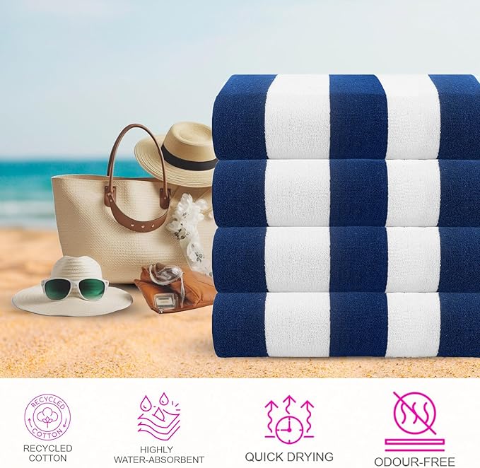 CASA COPENHAGEN Cabana Towel 4Pcs Royal Blue Designer Stripe Beach Towels Gift Set, 30"x60" Oversized 100% Cotton Pool Bath Towel for Beach Gift Set (Perfect Summer Gift Set for Women & Men)