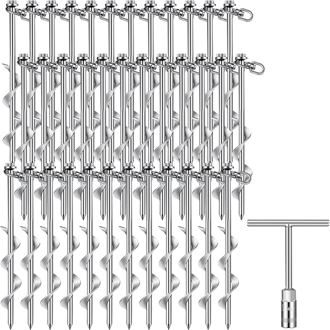 Zhengmy 36 Pcs Ground Anchors Screw in, 12 Inch Heavy Duty Tent Stakes with Trampoline Anchor Hook Ground Stakes for Camping Tent Canopies Ports Sheds Swing Sets Securing Animals (Silver)
