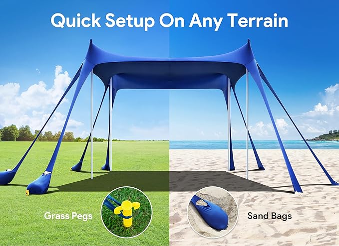 Osoeri Beach Tent, Camping Sun Shelter UPF50+ with 8 Sandbags, Sand Shovels, Ground Pegs & Stability Poles, Outdoor Shade Beach Canopy for Camping Trips, Fishing, Backyard Fun or Picnics