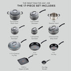 T-Fal Ultimate Hard Anodized Nonstick Cookware Set 17 Piece, Nonstick Pots and Pans Set with Fry Pan, Saucepans, Saute-Pan, Griddle, Dishwasher Safe, Black