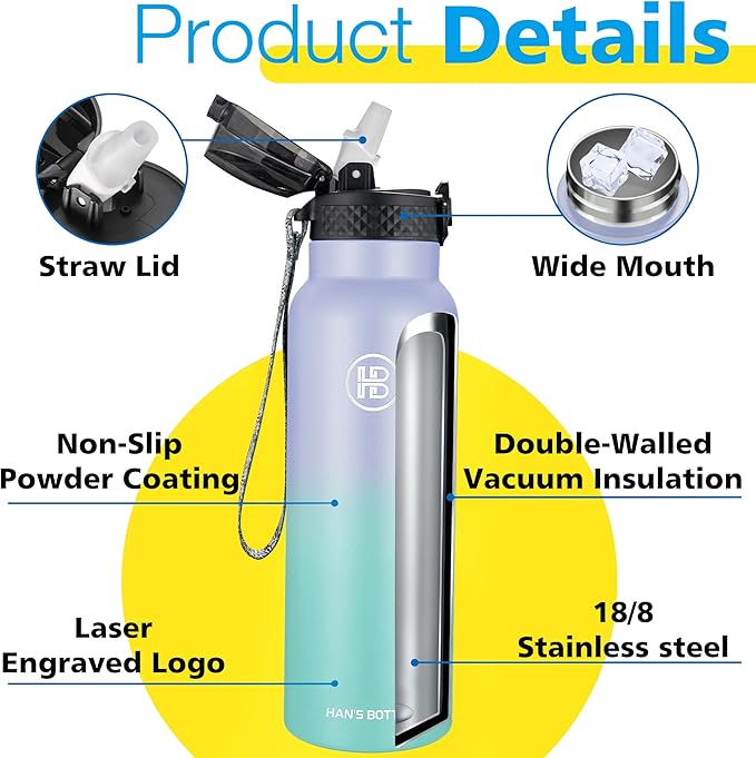 Han's Bottle Sports Water Bottle - 24 Oz, Straw Lid, Leak Proof, Vacuum Insulated Stainless Steel, Double Walled, Thermo Mug,Lilac green