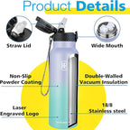 Han's Bottle Sports Water Bottle - 24 Oz, Straw Lid, Leak Proof, Vacuum Insulated Stainless Steel, Double Walled, Thermo Mug,Lilac green