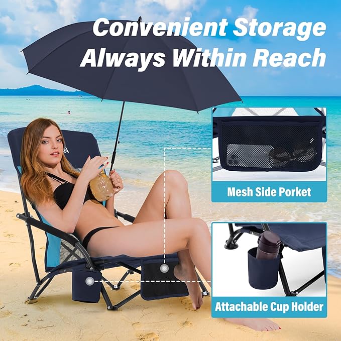 Homcosan Portable Low Folding Beach Chair with Detachable Umbrella - Lightweight Camping Chair for Adults with Cup Holder & Storage Pocket, Carry Bag Included (Navy & Blue)