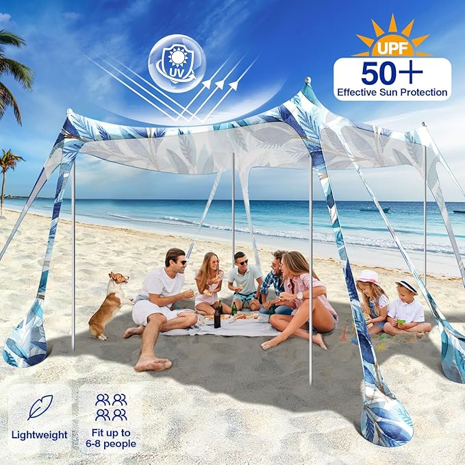 Rhino Valley Beach Tent Shade Canopy UPF50+ Protection, 8 Sandbags, 4 Stability Poles, Outdoor Sun Shelter Umbrella for Sand, Camping, Fishing Essentials