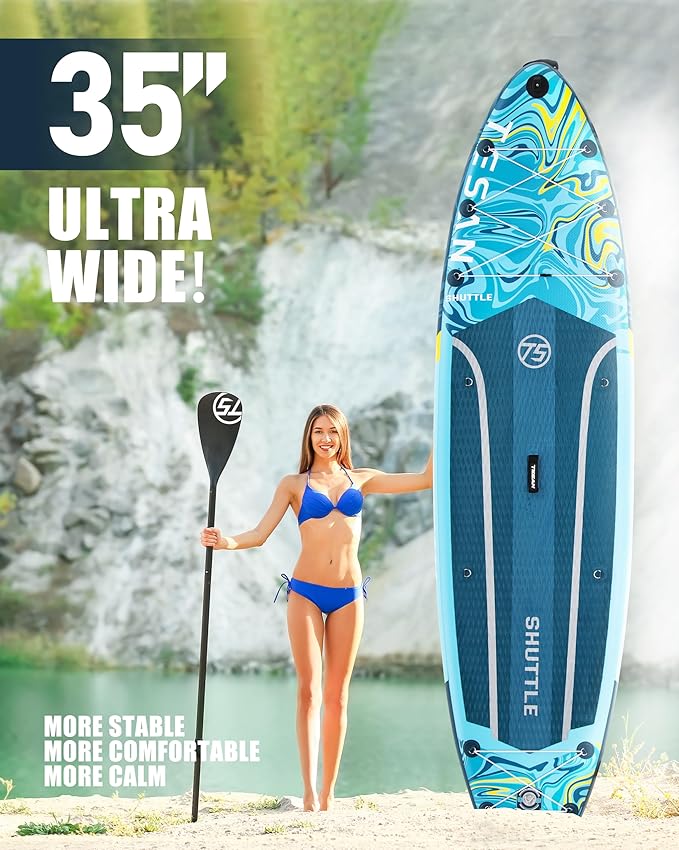 11'6x35'' Extra Wide Inflatable Paddle Board,All-Round Ultra Stable Stand Up Paddleboards with Plus Kits for 450lb/3 People/Family,Dual Bungees, Camera Mount, 100L Backpack, Dual-Action Pump