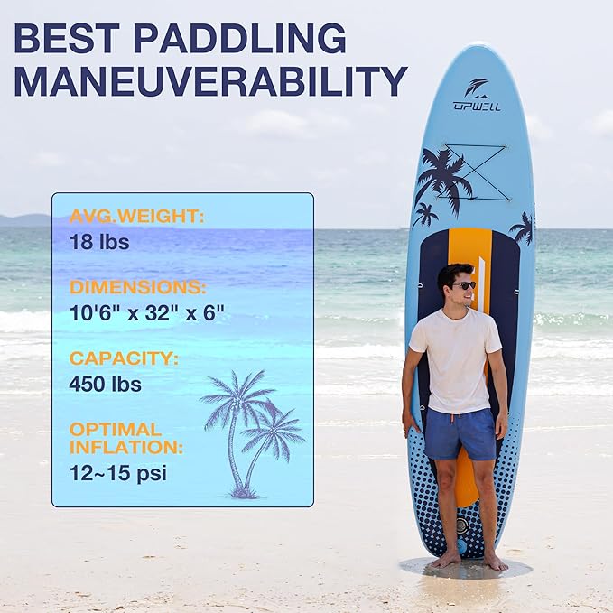 UPWELL 10'6"/11'/11'6" Inflatable Paddle Board, Stand Up Paddlboard for Youth & Adults, Stable Design, Premium SUP Accessories, Backpack, Leash, Hand Pump, Fins