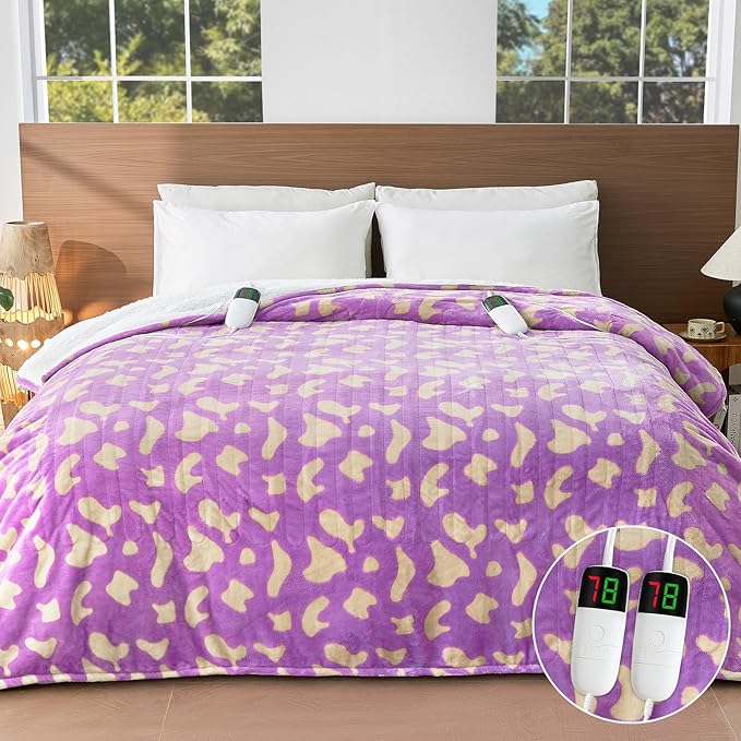 Leopard Print Electric Heated Blanket Queen Size,84X90 Purple Heating Blanket Queen With Dual Control&Timer&10 Heat Levels,Cute Leopard Fleece Sherpa Blankets Warmer Gifts for Bed Women Adults,ETL
