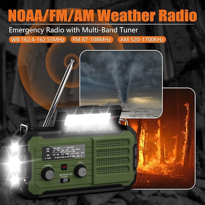 Emergency Radio Hand Crank Solar, 10000mAh/37000mWh Emergency Weather Radio, Hand Crank Solar Radios with NOAA/AM/FM, Cell Phone Charger, Headphone Jack, Flashlight for Indoor Outdoor